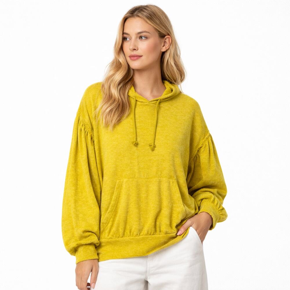 Free People Early Morning Terry Hoodie Green Velour Pullover Size L